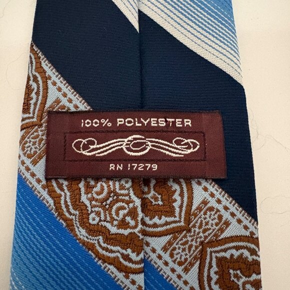 Vintage Polyester Tie Blue Rust Abstract Striped Mens Necktie Classic Office - Picture 4 of 6